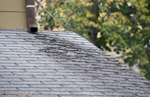 Damaged and old roofing shingles on a house